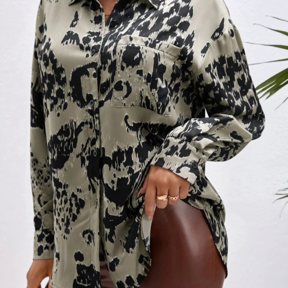 Shein Abstract Button Up Silk Shirt